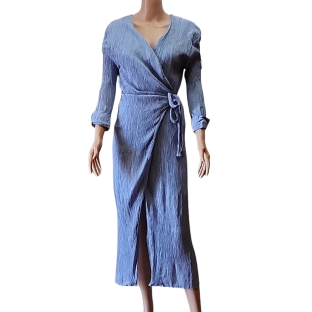 ENTRO SELF-TIED BOWKNOT WRAP KNIT MIDI DRESS‎ LONG SLEEVE  BLUE SIZE M MEDIUM
